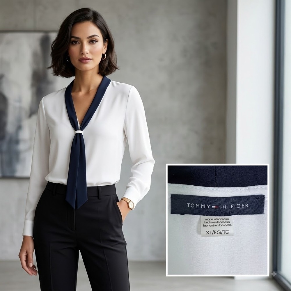 Tommy Hilfiger Womens XL Tie Neck Blouse White Navy Long Sleeve Career Preppy